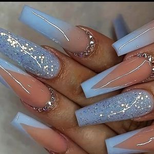 24 Long Blue French Press On Blue Nails Rhinestones Nude Glitter Sequin Kit new